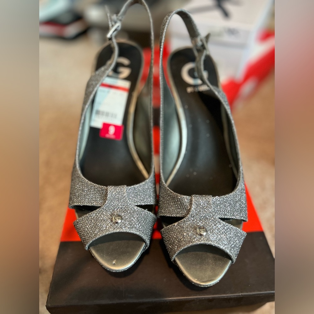 Guess silver glitter heels, size 9